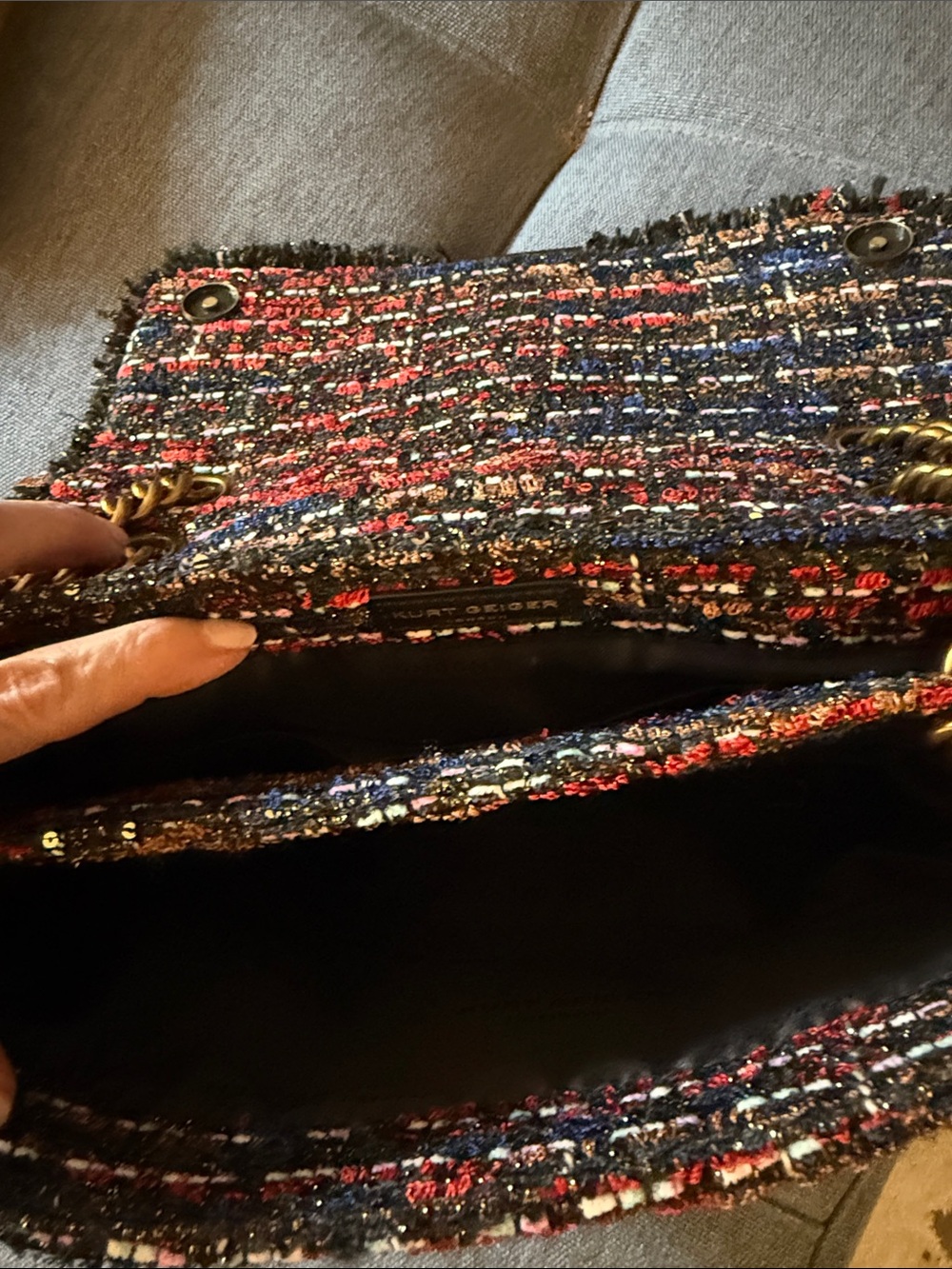 Kurt Geiger Tweed Chain Shoulder Bag in Red, Blue & Black - Picture 12 of 12